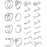 Anicina 20g 22g Nose Rings Studs Surgical Stainless Steel Nose Rings Hoops L Bone Screw Shape Nostril Nose Piercing Jewelry Heart Flower Moon Snake Butterfly Hypoallergenic Nose Screw for Women Men