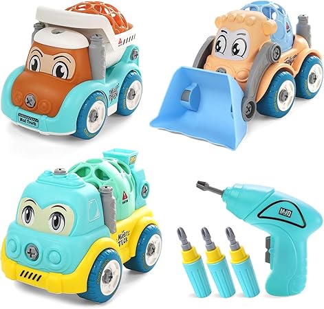 Amazon Cute Stone おままごと カートゥーンdiyカー 組み立て車 建設車両セット 電動ドリル 室内遊び 室内ゲーム 知育玩具 工具セット ツールおもちゃ Diy 分解おもちゃ 大工 走行可能 セメントミキサー ブルドーザー 建物のおもちゃセット 誕生日祝い プレゼント 子供