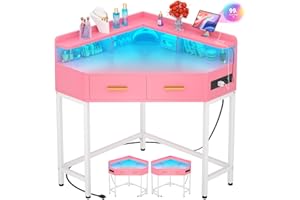 Cyclysio Corner Vanity Desk Without Mirror, Makeup Vanity Table with Lights & Power Outlets, Small Corner Vanity with Drawers for Bedroom,Small Spaces, Pink