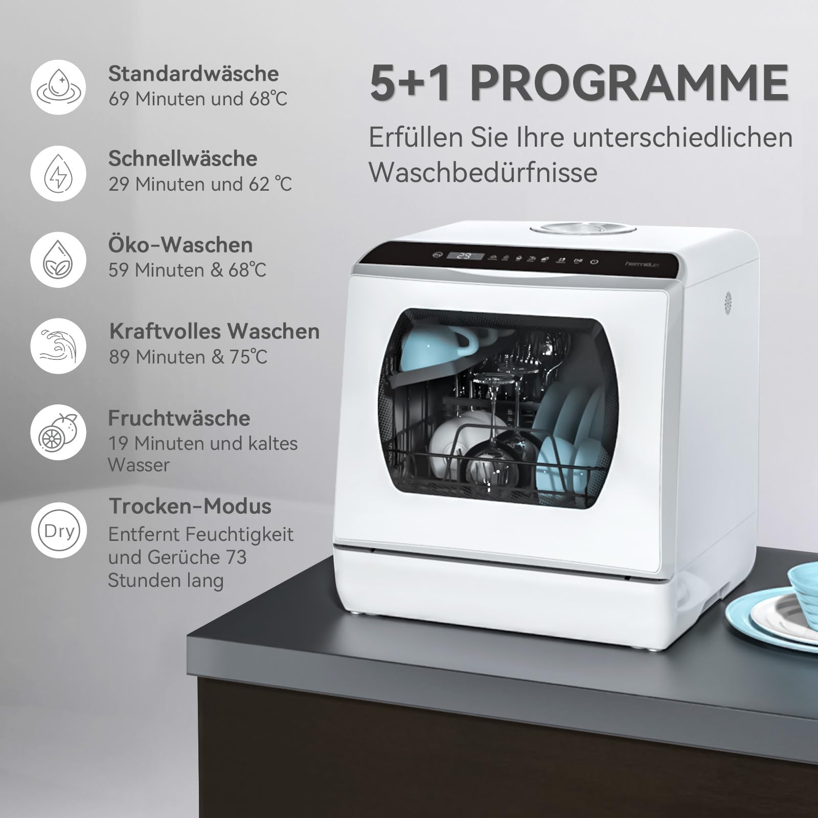 Hermitlux Mini Geschirrspüler, Spülmaschine für 4 Bestecksätze, 5 Liter Wassertank, 6 Programme Mini Tischgeschirrspüler, Perfekt für Wohnungen, Schlafsäle, Camping, Weiß 3