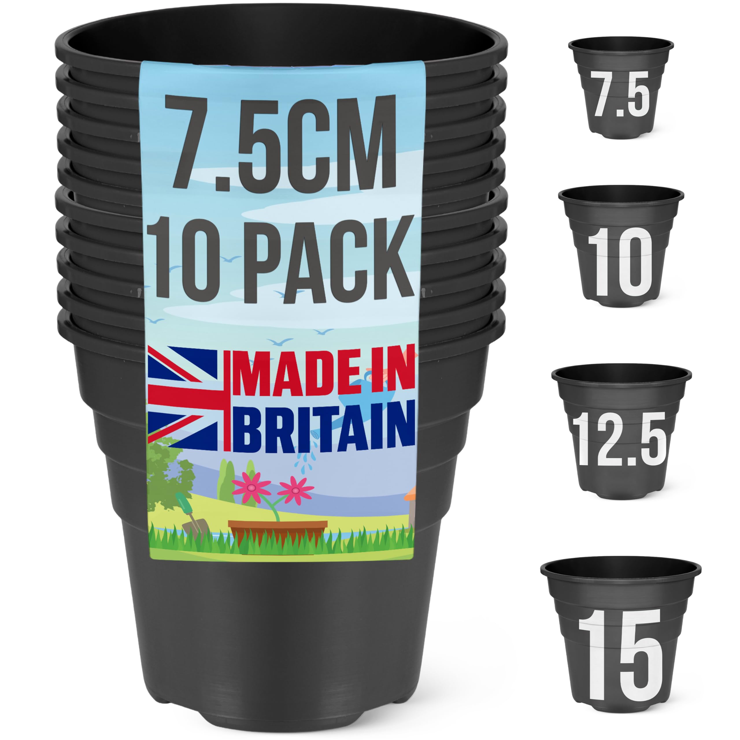 Happy Pots - 7.5cm Gloss Black - Pack of 10 Premium Plastic Plant Pots - Reusable Flower Pots for Indoor/Outdoor Home Décor Gardening - Round, Heavy Duty, UV Resistant, Recyclable - Made in UK