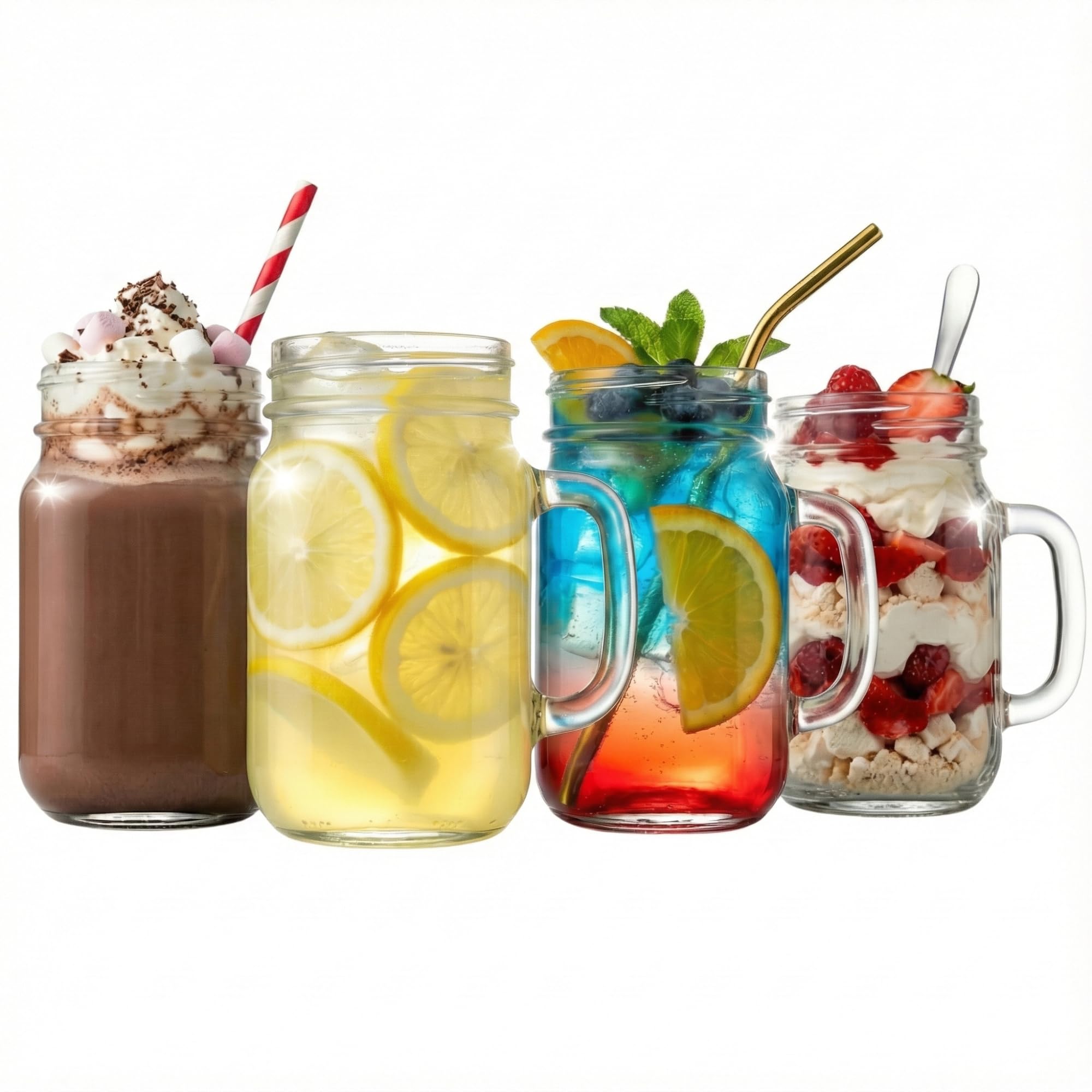 Drinkstuff Mason Drinking Jar Glasses 16.5oz / 490ml - Set of 4 Vintage Mason Jar Tumblers with Handle - Iced Coffee, Smoothie, Milkshake, Lemonade and Cocktails - Dishwasher Safe, Gift Boxed