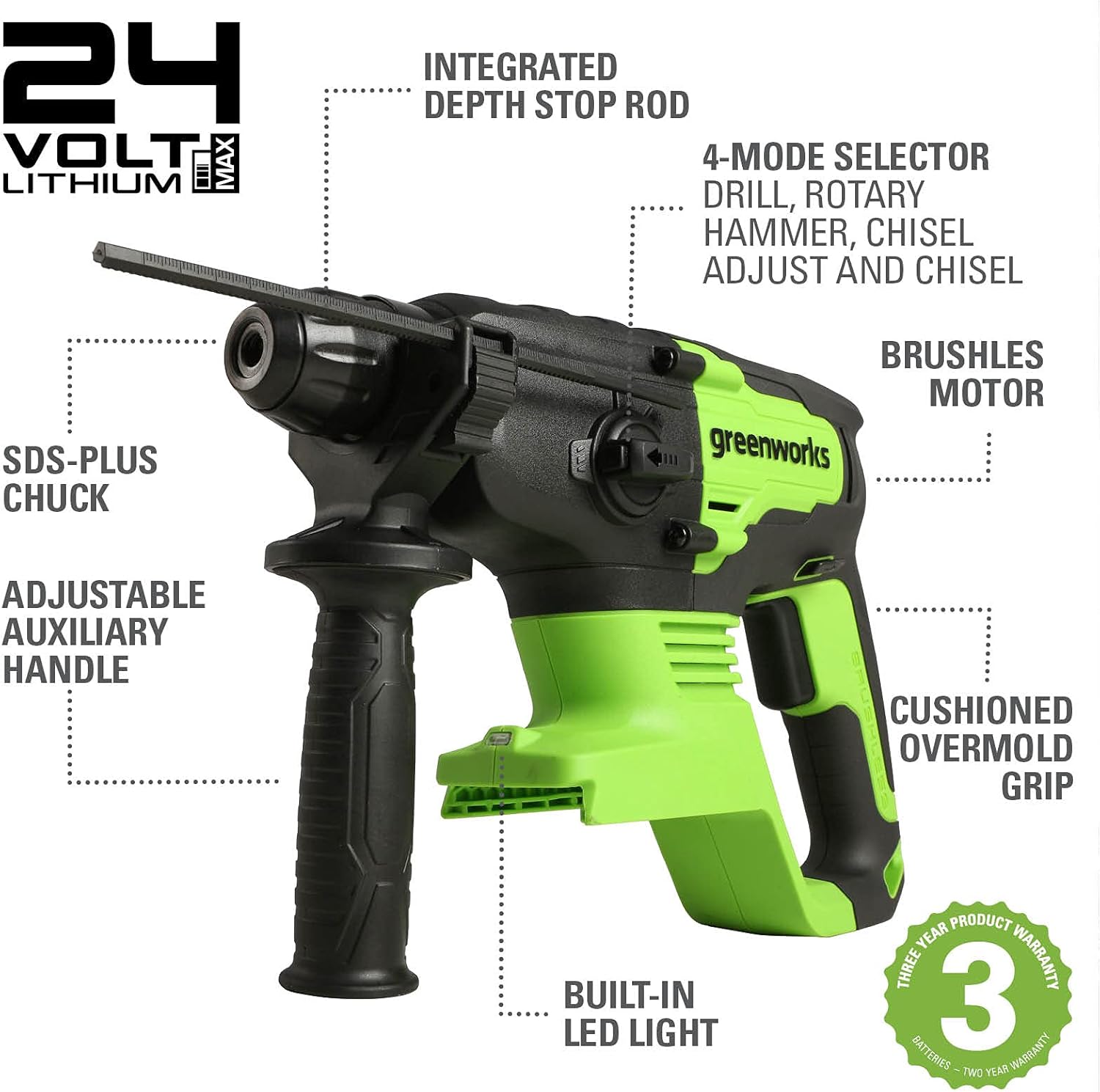 Greenworks GD24SDS2 Cordless SDS Hammer Drill with Brushless Motor, 0-1000rpm, 0-4500ipm, 2 Joules Torque - Image 3