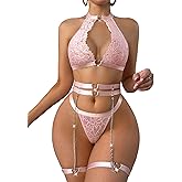 Vicarly Sexy Cutout Chain Floral Lace Halter Heart Ring Garter Belt Lingerie Set 3 Piece