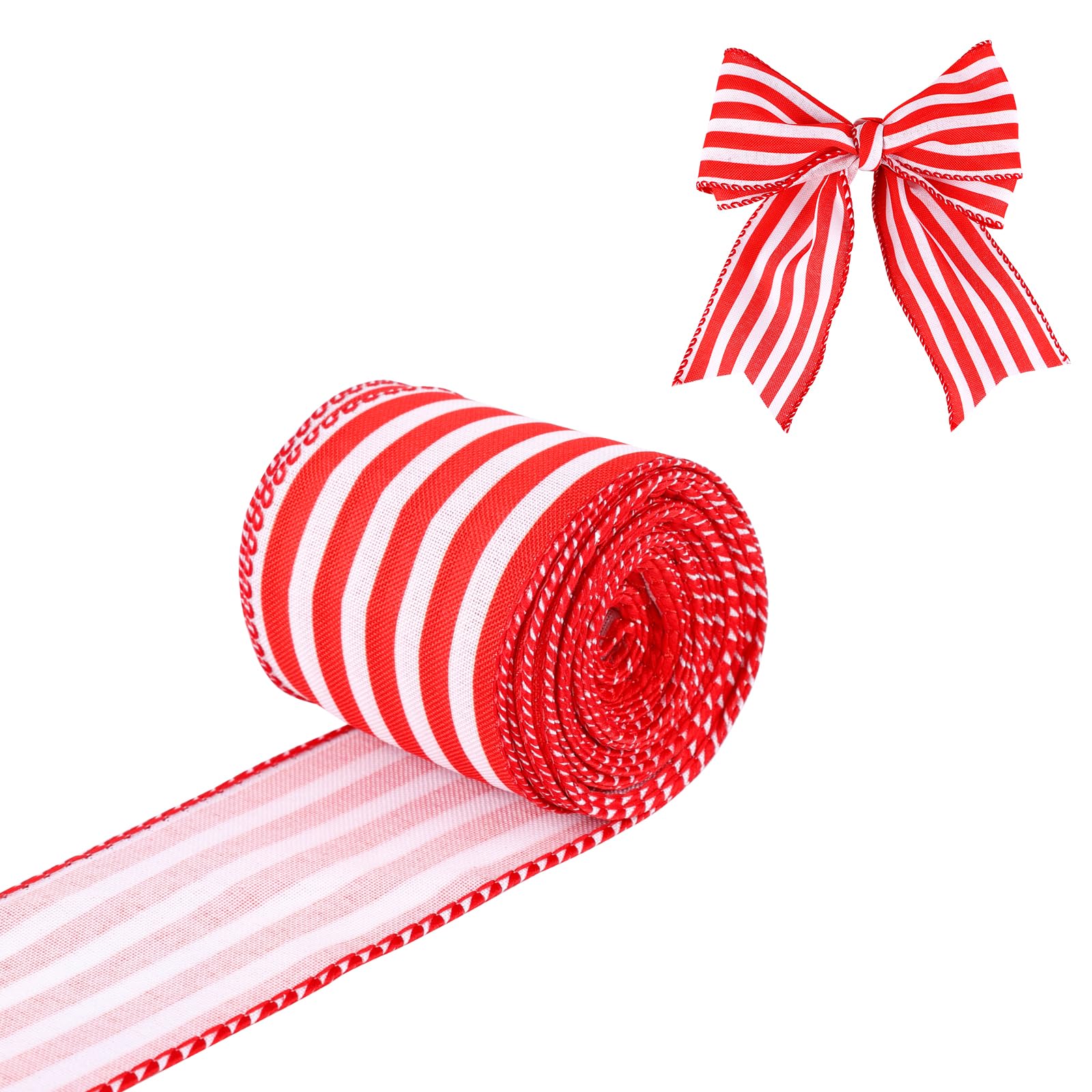 PEUTIER 10 Yard Christmas Red and White Striped Ribbon, 2.5 Inch Christmas Ribbon Wired Fabric Holiday Ribbon for Gift Wrapping Wreath Bow DIY Craft Christmas Tree Decorations