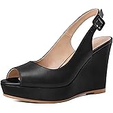 Eldof Women's Peep Toe Wedge Heels Slingback Platform High Pumps Party Dress Casual Sandals 4 Inches