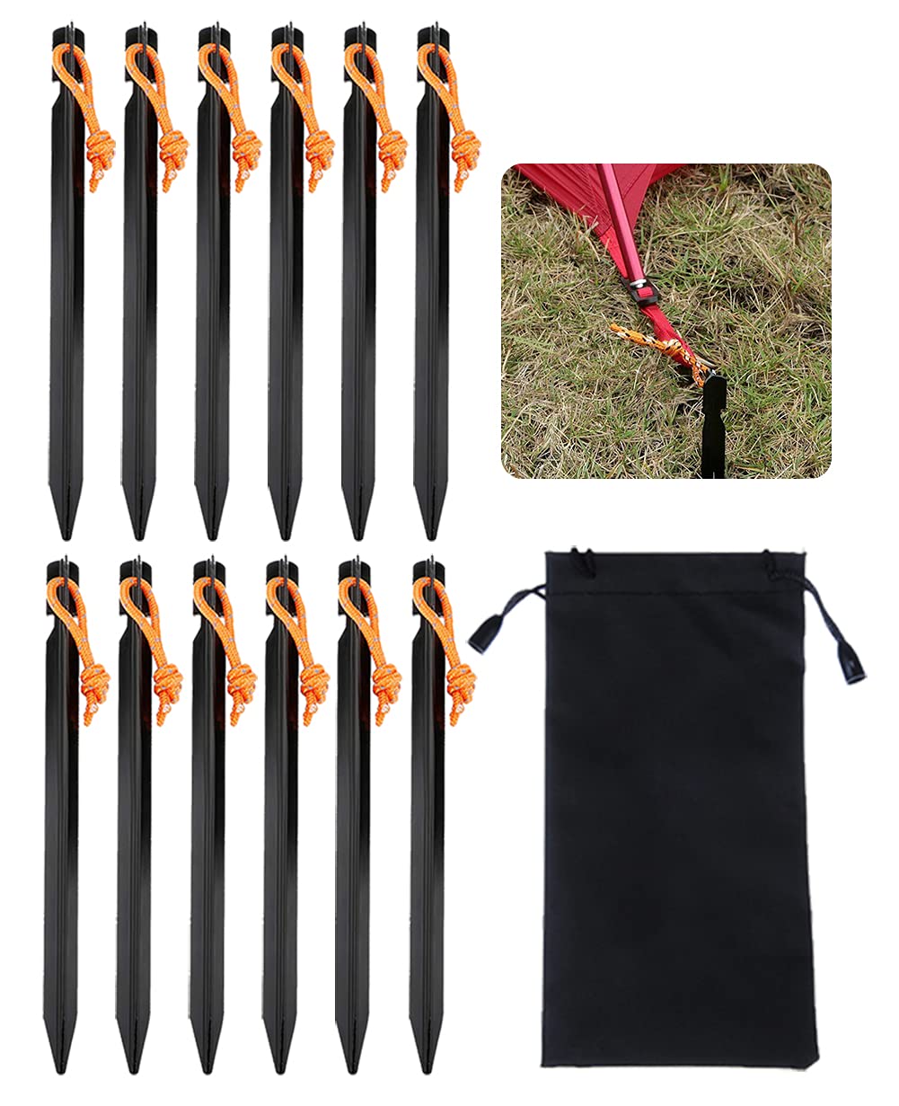 Tent Pegs 12 PCS, RSVOM Lightweight Metal Heavy Duty Camping Tent Peg with Reflective Rope, 18cm Black Aluminum Alloy Tent Stakes Ground Pegs Nails for Garden Awning Hiking Netting Tarp