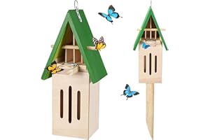 Antiai Butterfly House and Feeder for Outdoor Garden, Wooden Habitat with Wood Stake, Natural Butterfly Puddler, Hang on Wall or Tree, Patio Decor, Green