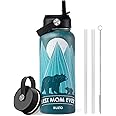 Gifts for Mom Birthday, 32oz Best Mom Water Bottle for Mother Gift, BUZIO Bear Mama Hydro Water Flask with Straw Lid, Stainless Steel Insulated Vacuum Metal Tumbler from Daughter Son, Cold for 48Hrs