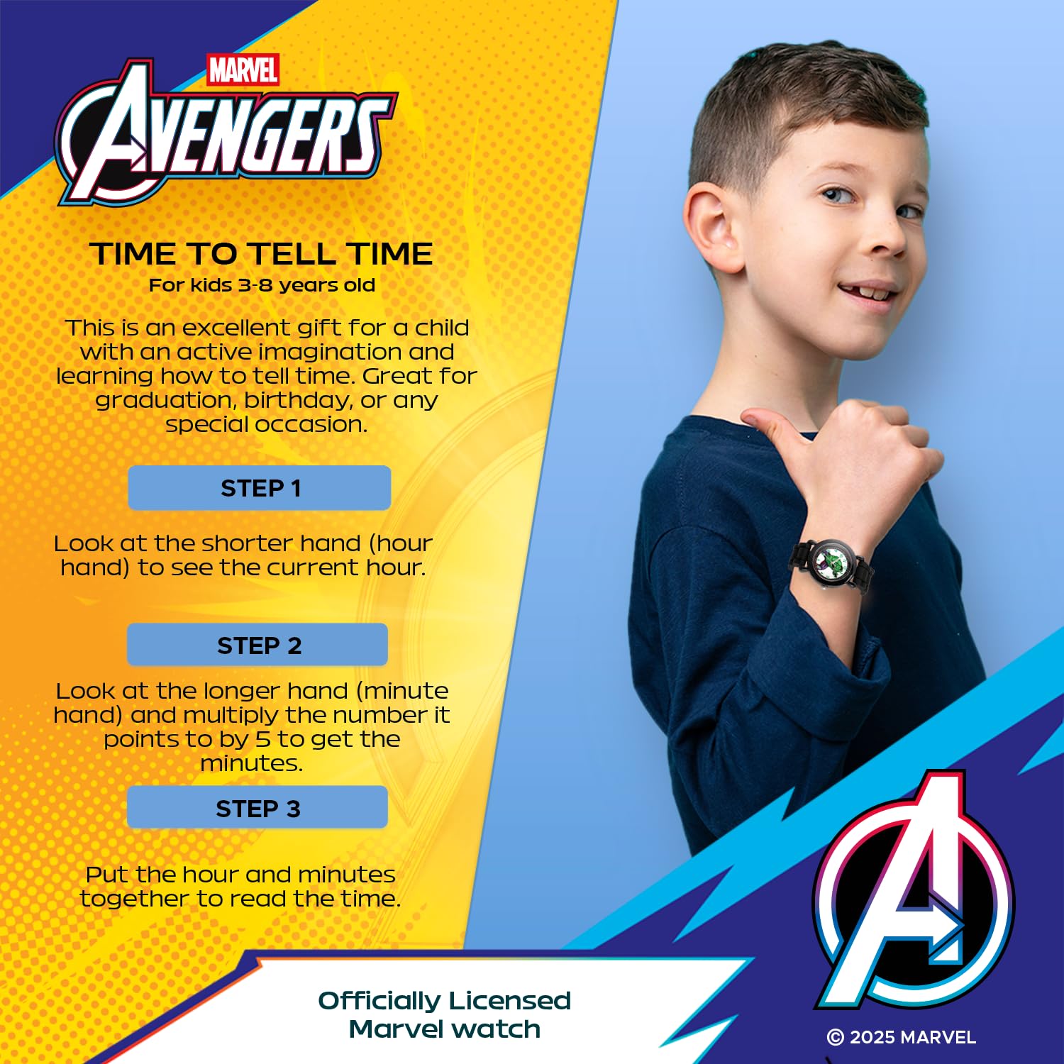 Marvel Hulk Watch for Boys Ages 3–7 – Featuring Heroic Hulk Character Dial – Avengers Gift for Kids Who Love Superhero Toys – Black Bezel with Bold Face and Comfortable Black Silicone Strap