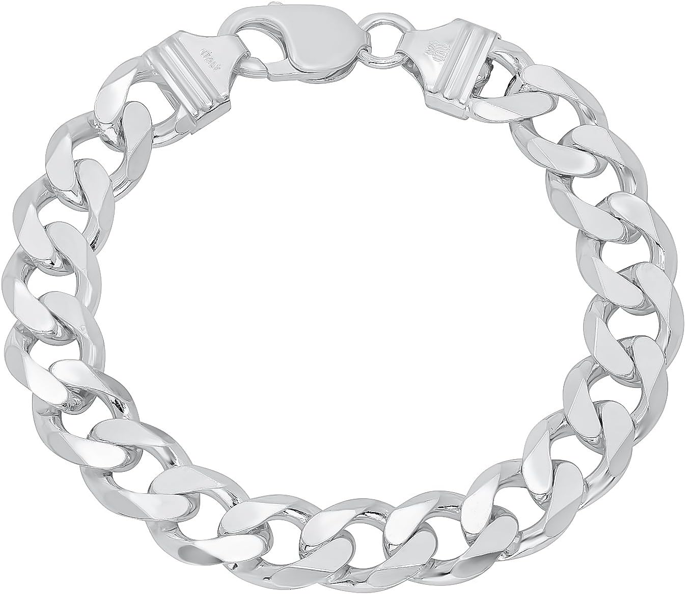 10.5mm Solid .925 Sterling Silver Flat Curb Chain Bracelet, 8 inches