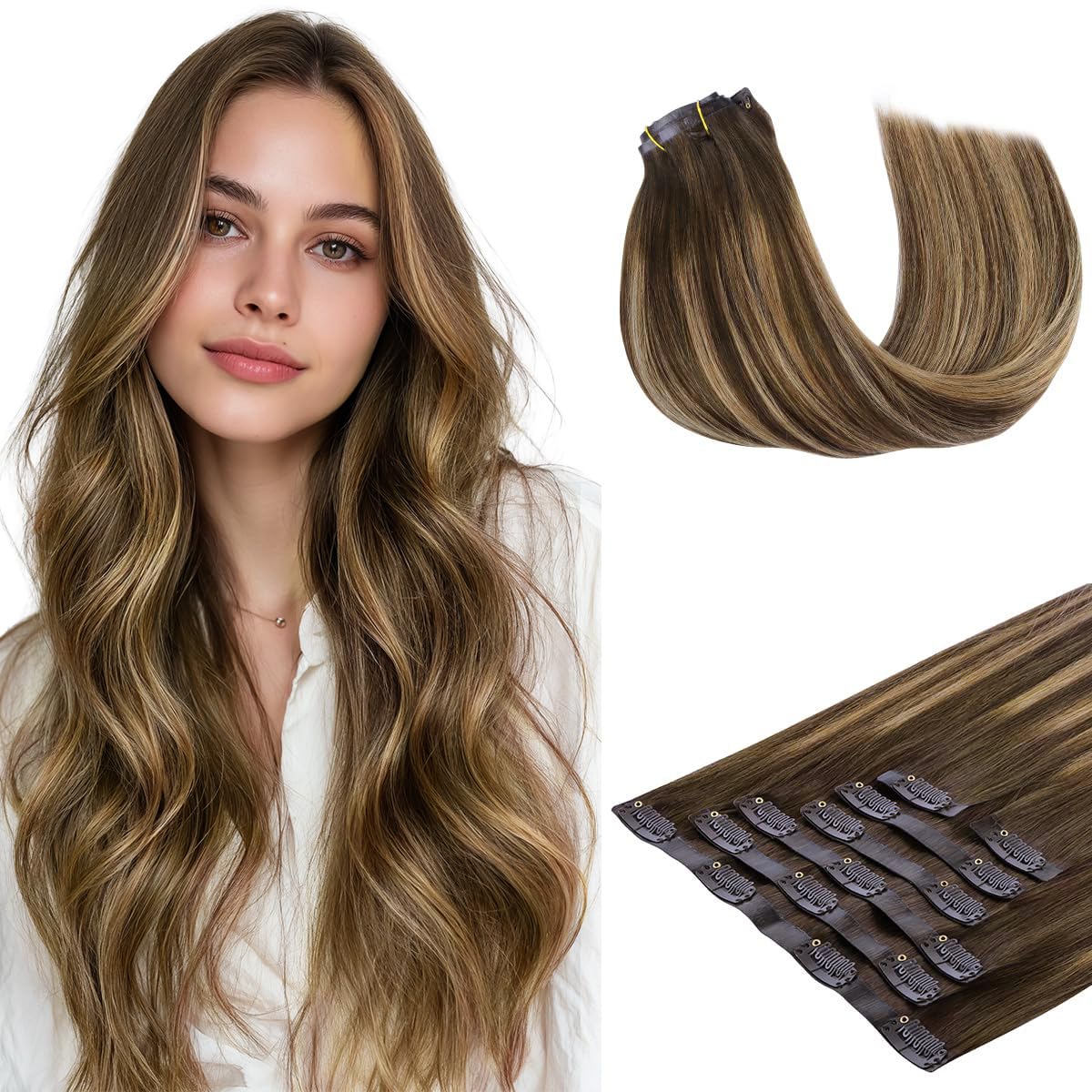 Photo 1 of HOTBANANA Clip in Hair Extensions 16 inch 130g 7pcs Chocolate Brown mixed Caramel Blonde Clip in Remy Human Hair Extensions Straight Hair Invisi Edge Clip Hair Full Head