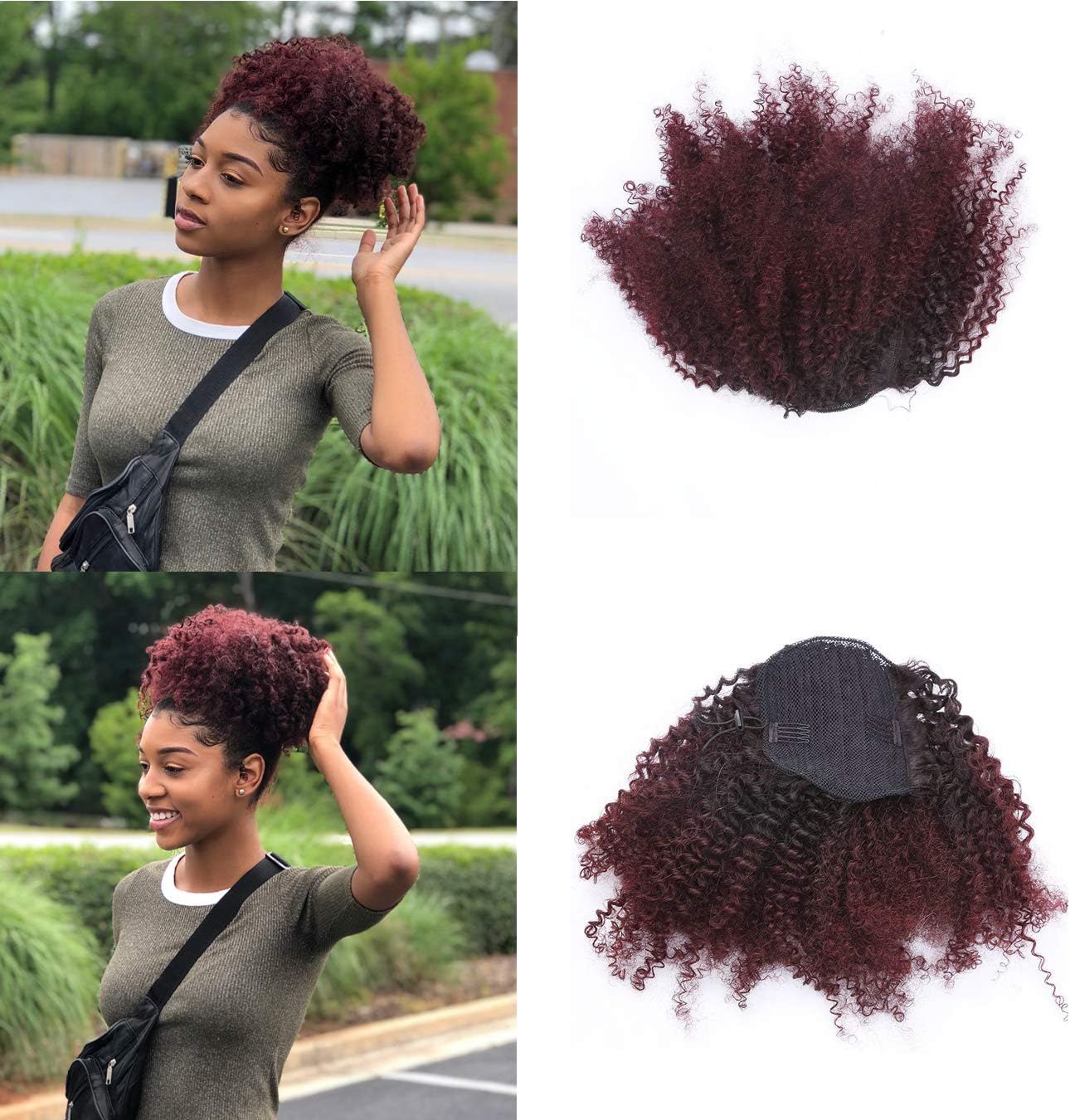 Anrosa Kinky Curly Drawstring Ponytail Afro Kinky Drawstring Ponytail Human Hair Ponytail for Black Women Afro Ponytail for Natural Hair Curly Ponytail Hair Piece Ombre Ponytail 1b/99j 14 Inch