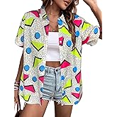 80s 90s Outfits Women Hawaiian Retro Birthday Party Button Down Shirts Disco Neon Short Sleeve Blouse Tops