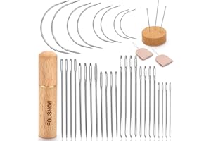 FOUSNOW 36 Pcs Heavy Duty Sewing Needles Kit, Curved Sewing Needles for Hand Sewing, Leather Sewing Needles with Wooden Sewing Needles Cushion, Needle Case for Leather Upholstery Repair Sewing