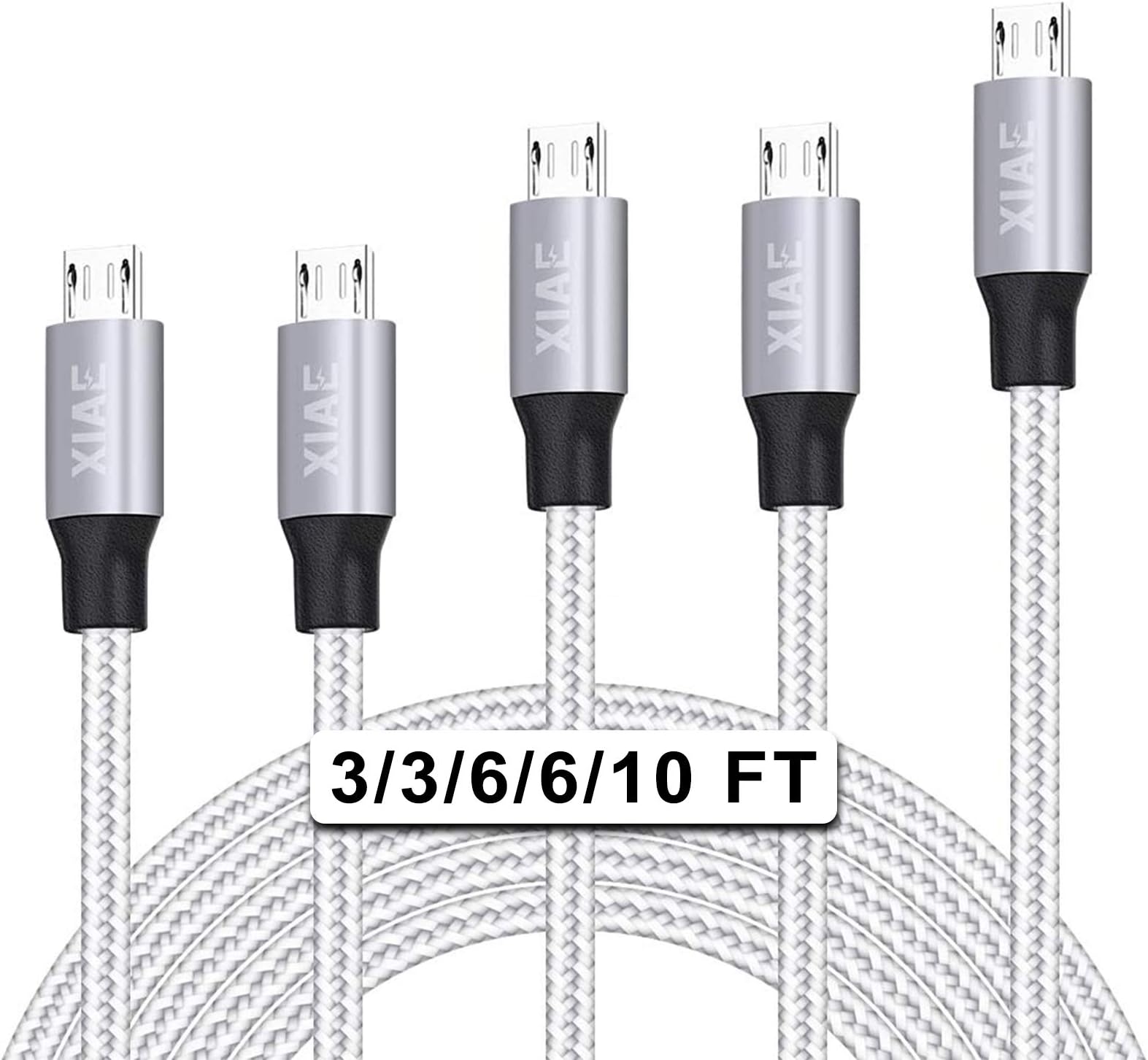 Micro USB Cable,XIAE 5Pack (3/3/6/6/10FT) Nylon Braided Fast Charging Cable Aluminum Housing USB Charger Android Cable for Samsung Galaxy S7 Edge S6 S5,Android Phone,LG G4,HTC and More-Silver&Gray