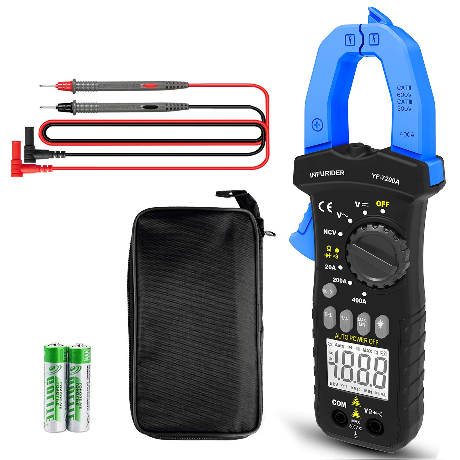 INFURIDER Digital Clamp Meter, YF-7200A TRMS 400 Amp Current Clamp on Multimeter with AC Current Ammeter AC DC Voltage Voltmeter Resistance Ohmmeter and Diode Tester(Manual & Auto Range DMM)