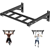 HWOOUSA Wall Mounted Pull Up Bar, 600LB Heavy Duty Multi Grip Bar | Fits 24" wall spacing with 2 suspension rings, mounts on concrete or wood walls, ideal for garage, basement and home gyms