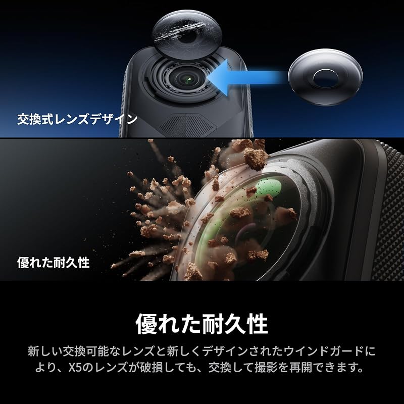 X5 - 8K 360° Actionkamera, Unterwasserkamera, Sportkamera für wenig Licht, Unsichtbarer Selfie-Stick-Effekt, austauschbare Linse, 3 h Akku, mit Stabilisierung (Generalüberholt)