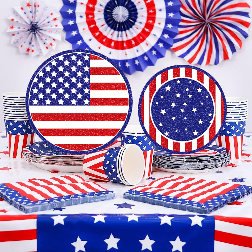 Bdecoll 48pcs USA Themed DISHWARE_PLACE_SETTING for 16 Guests, American Flag Design, 4th July Party