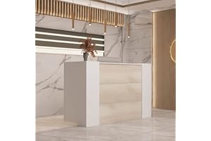 FAMAPY Front Desk Reception Counter with 2 Lockers & Adjustable Shelves, Retail Counter, 47.2' Desktop, for Salon Lobby Reception Room - White and Oak (70.9'W x 23.7'D x 43.1'H)