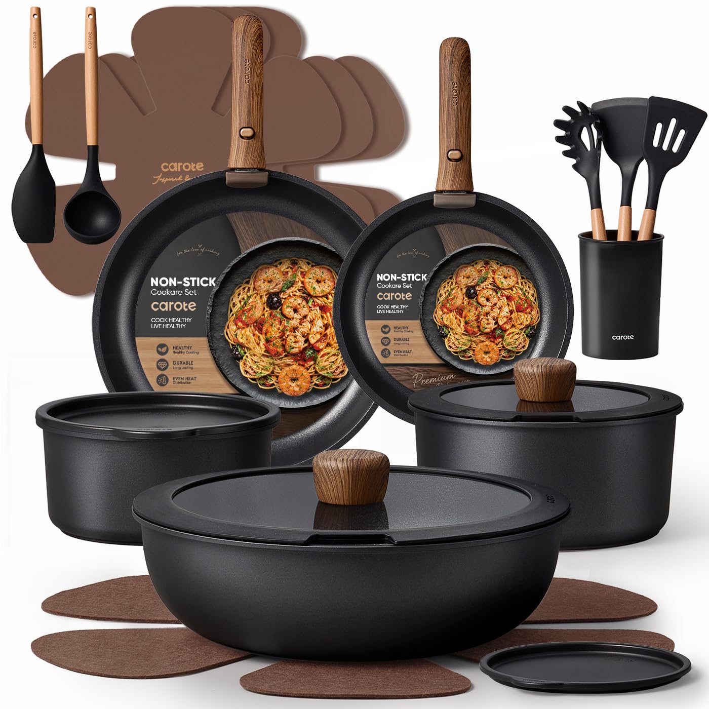 CAROTE 21pcs Pots and Pans Set Non Stick, Detachable Handle Cookware, Black