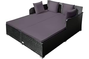 SUNATURE Salches Outdoor Rattan Daybed, Patio Loveseat Sofa Set w/Comfortable Cushions, Extra Pillows & Metal Foot, Sunbed Wicker Furniture for Yard/Poolside/Living Room/Garden/Porch, Grey