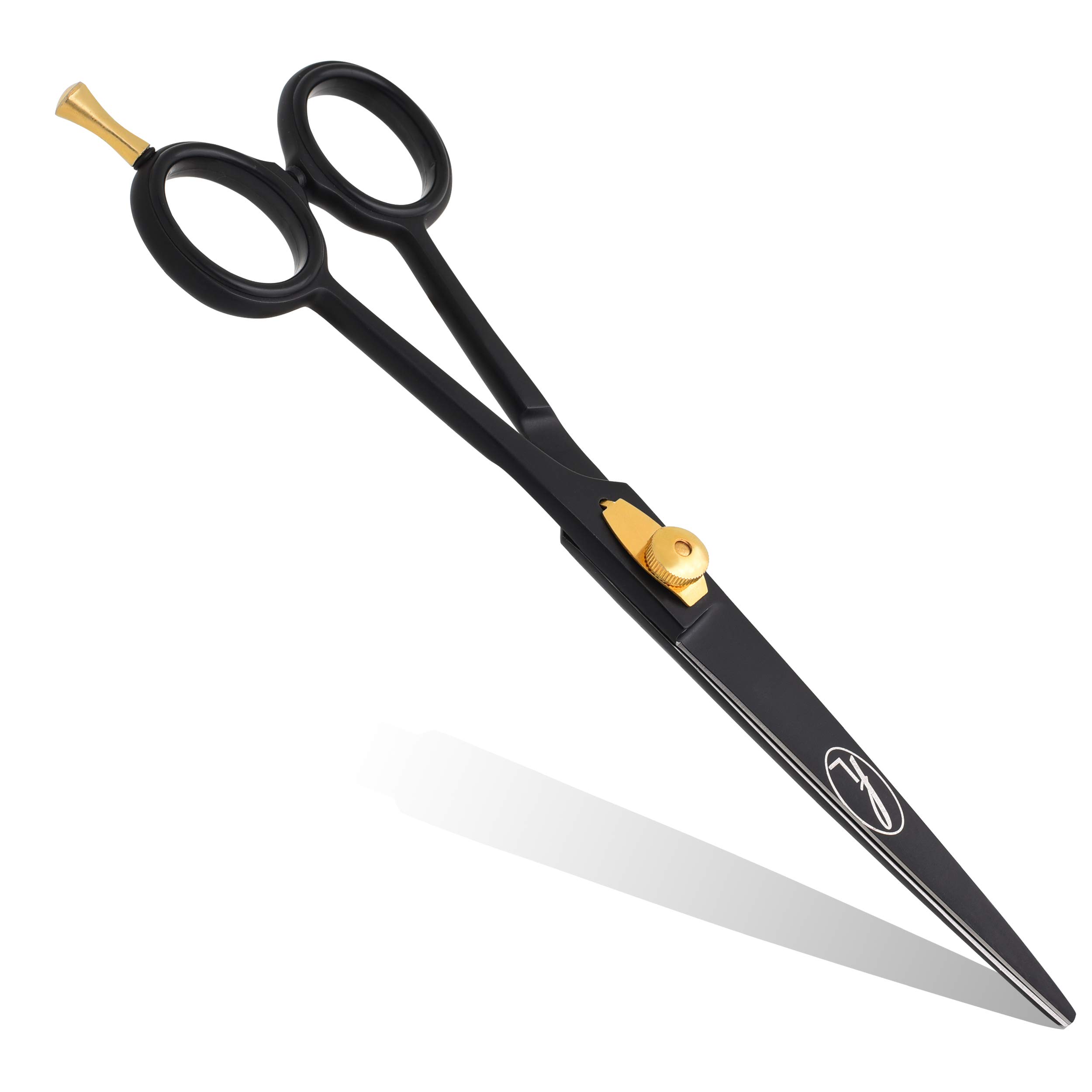 Fine Lines Professional Hairdressing Scissors 7 in - Black Razor Edge Scissor with Gold Dial Screw & Hook - Anti-Rust Stainless Steel Barber Tool for Hair Cutting & Salon Styling - Unisex