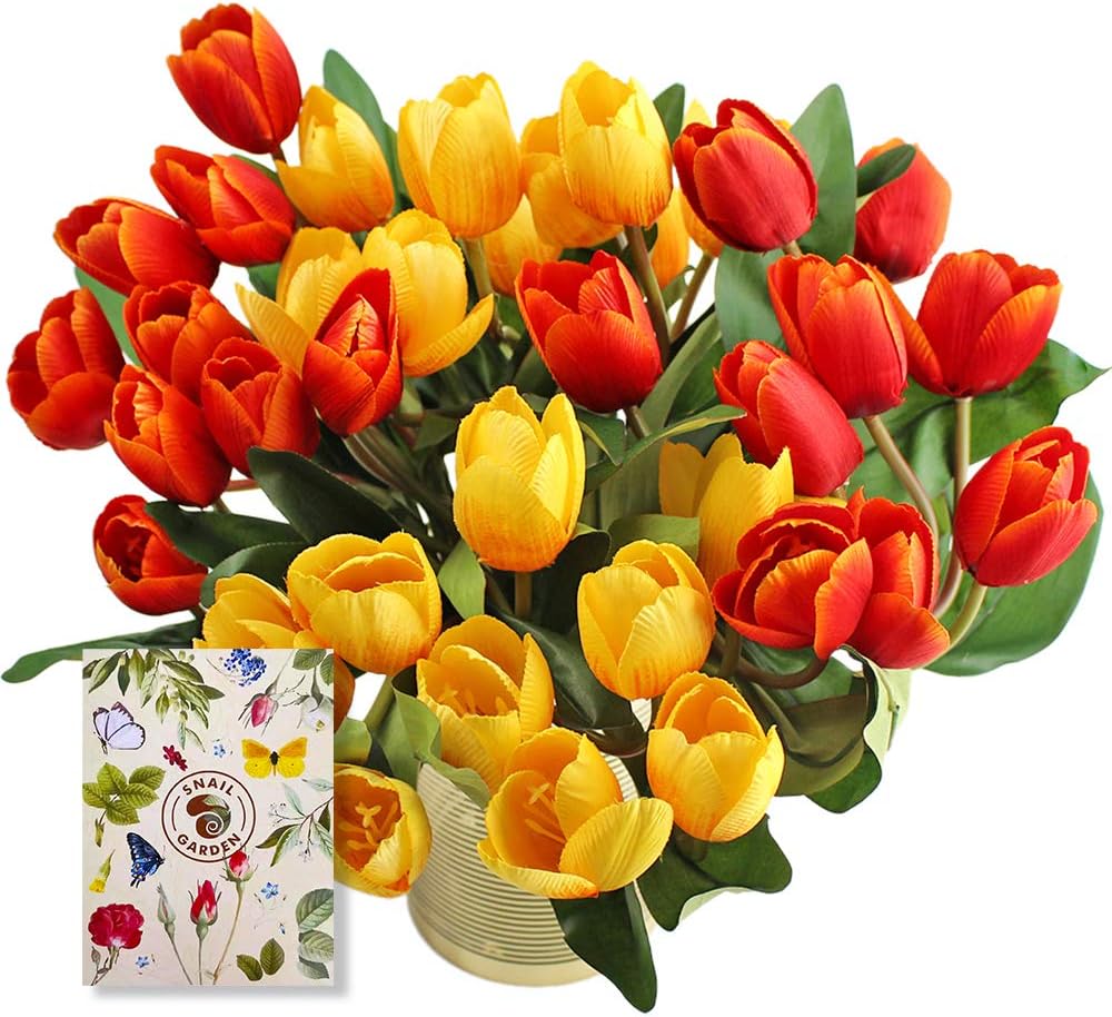SNAIL GARDEN Set of 36 Artificial Tulips with 2 Colours, Silk Tulips with 1 Greeting Card for Wedding Home, Party, Festival