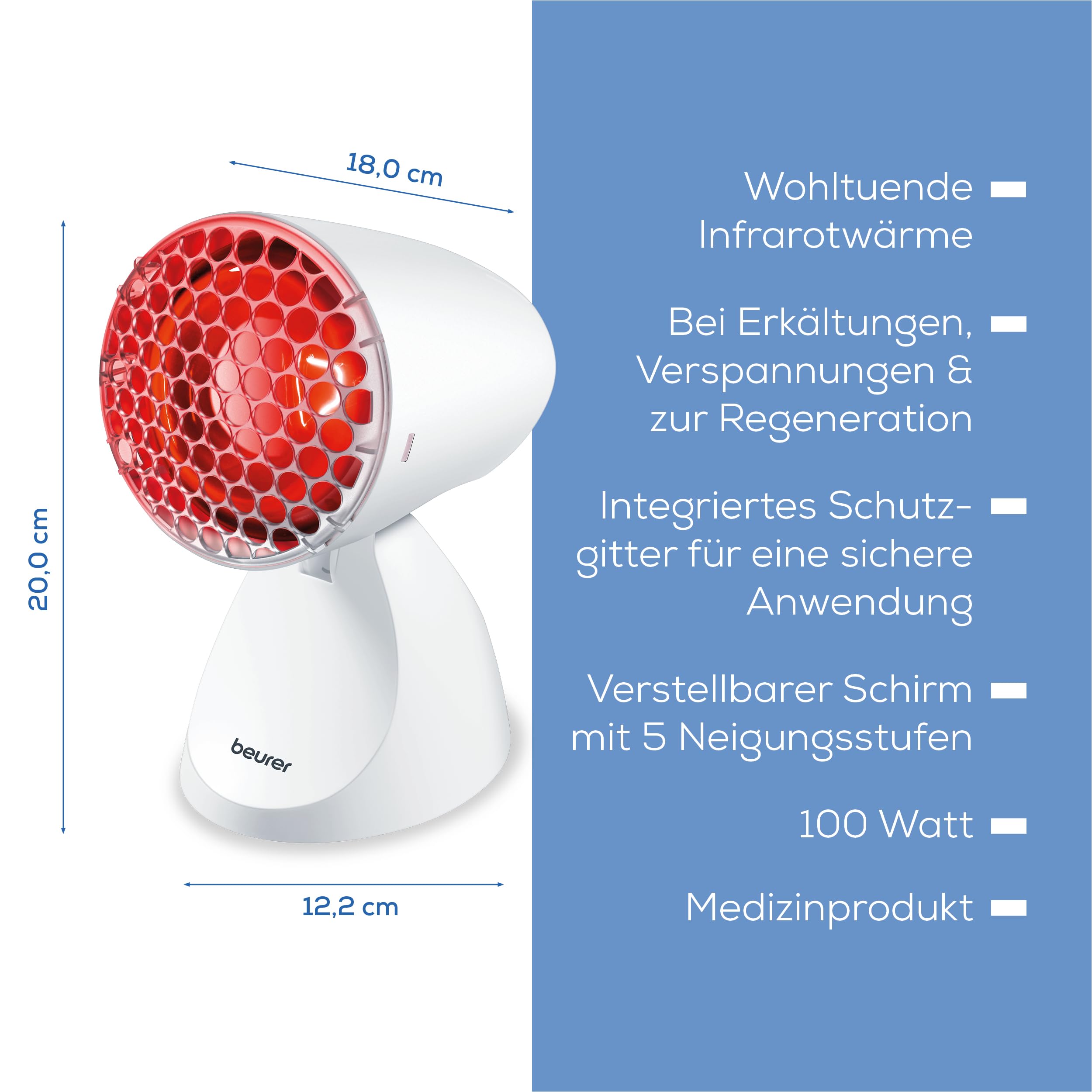 Beurer IL 11 Infrarotlampe mit Schutzgitter, Medizinprodukt mit wohltuender Wärme zur Anwendung bei Erkältung und Muskelverspannung, 5 Neigungsstufen, inklusive Schutzbrille, Weiß 6