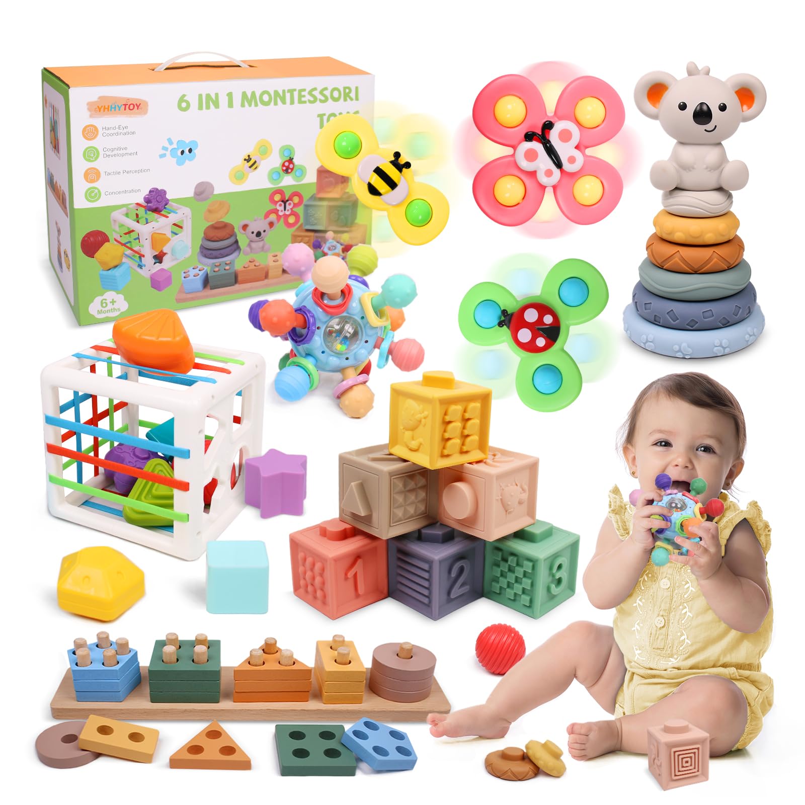 YHHYTOY 6-in-1 Montessori Baby Toys 0-6 6-12 Months, Infant Teething Toys Soft Stacking Blocks Rings Shape Sorter Sensory Fidget Spinners for Toddler 1-3, First Baby Gift Set for 6 Month Old Girl Boy