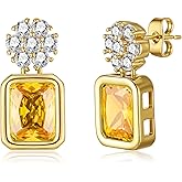 EVEVIC Austrian Crystal Square Drop Flower Studs Earrings for Women 14K Gold Plated Dangle Earring Jewelry Gifts