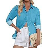 Womens Loose Long Sleeve Button Down Shirts with Pockets Wrinkle Free Solid Work Blouse Casual Business Outfits