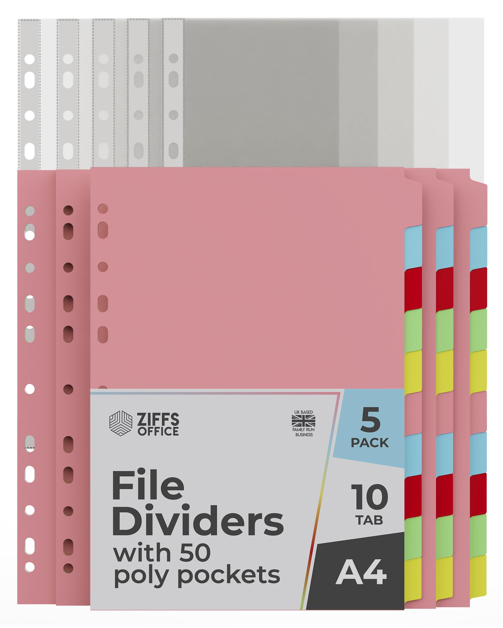 Ziffs Office® 5 Pack A4 File Dividers - 10 Part & 50 Poly Pockets - 180 GSM - Folder Dividers With 50 Pockets
