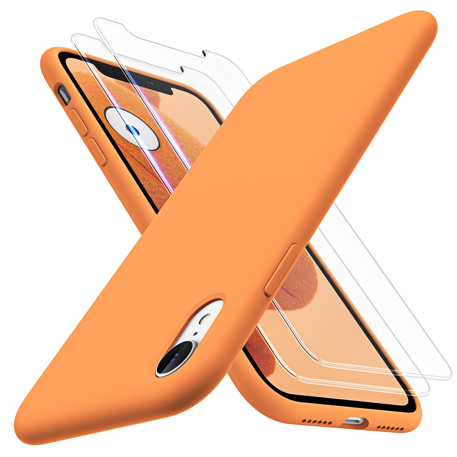 TOCOL 3 in 1 for iPhone XR Case, with 2 Pack Tempered Glass Screen Protector, Liquid Silicone Slim Shockproof Cover [Anti-Scatch] [Drop Protection] iPhone XR Phone Cases 6.1 Inch, Kumquat