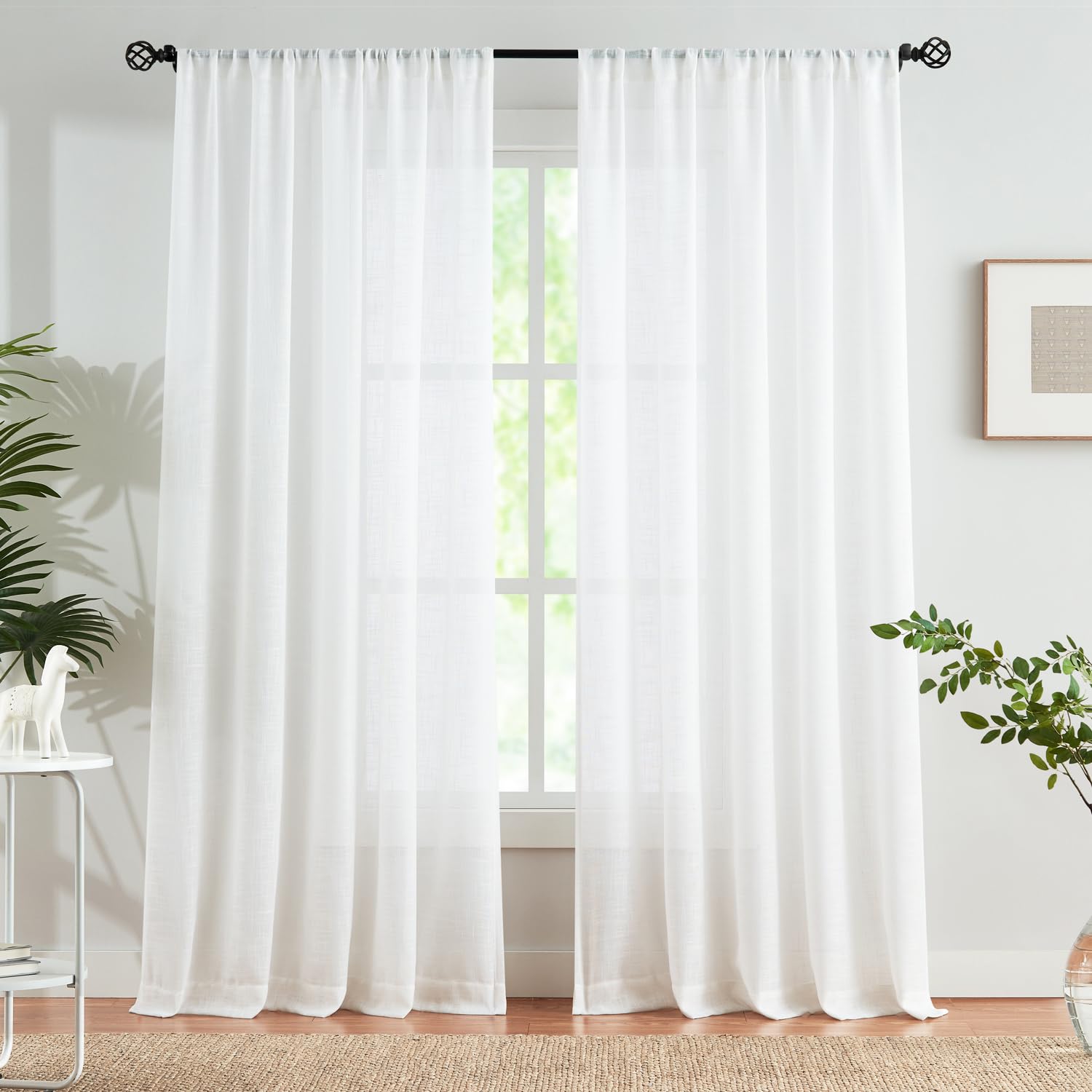 Abstractex Linen Textured White Sheer Farmhouse Curtains for Living Room 90 Inch Long Rod Pocket Light Filtering Semi Sheer Window Curtain Panels Privacy Voile for Bedroom Dining Room 52" W 2 Pcs