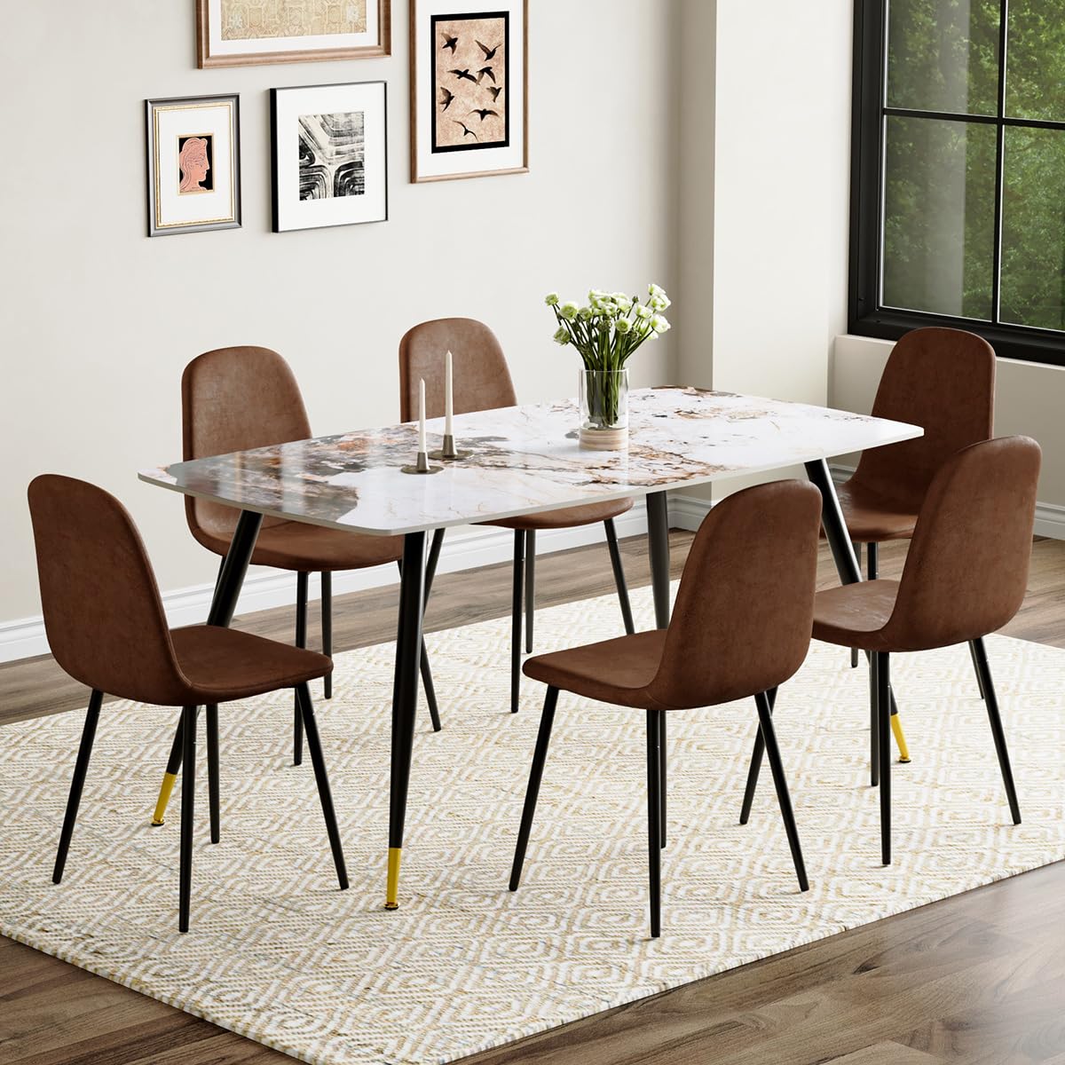 UELKS Dinner Table Set for 6, Sintered Stone Kitchen Table Top and Modern Chairs Set of 6 for Kitchen Dining Room