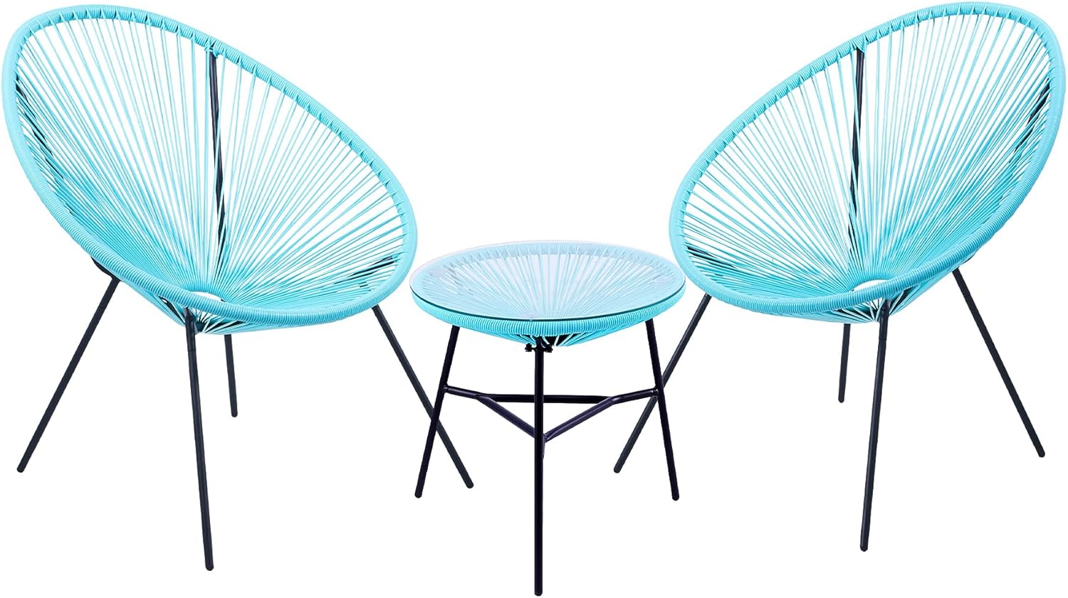VONLUCE 3 Piece Outdoor Patio Furniture Set, Acapulco Chair Set with Glass Top Coffee Table, All Weather PE Rattan Bistro Set for Garden Poolside Balcony Patio Seating and Decor, 330lb Capacity, Blue