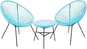 VONLUCE 3 Piece Outdoor Patio Furniture Set, Acapulco Chair Set with Glass Top Coffee Table, All Weather PE Rattan Bistro Set for Garden Poolside Balcony Patio Seating and Decor, 330lb Capacity, Blue
