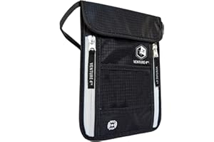VENTURE 4TH Neck Wallet, RFID Blocking Passport Holder for Travel – Hidden Neck Pouch with 6 Compartments, Slim Lightweight Organizer with Adjustable Strap for Cash, Cards & Passport (Black)
