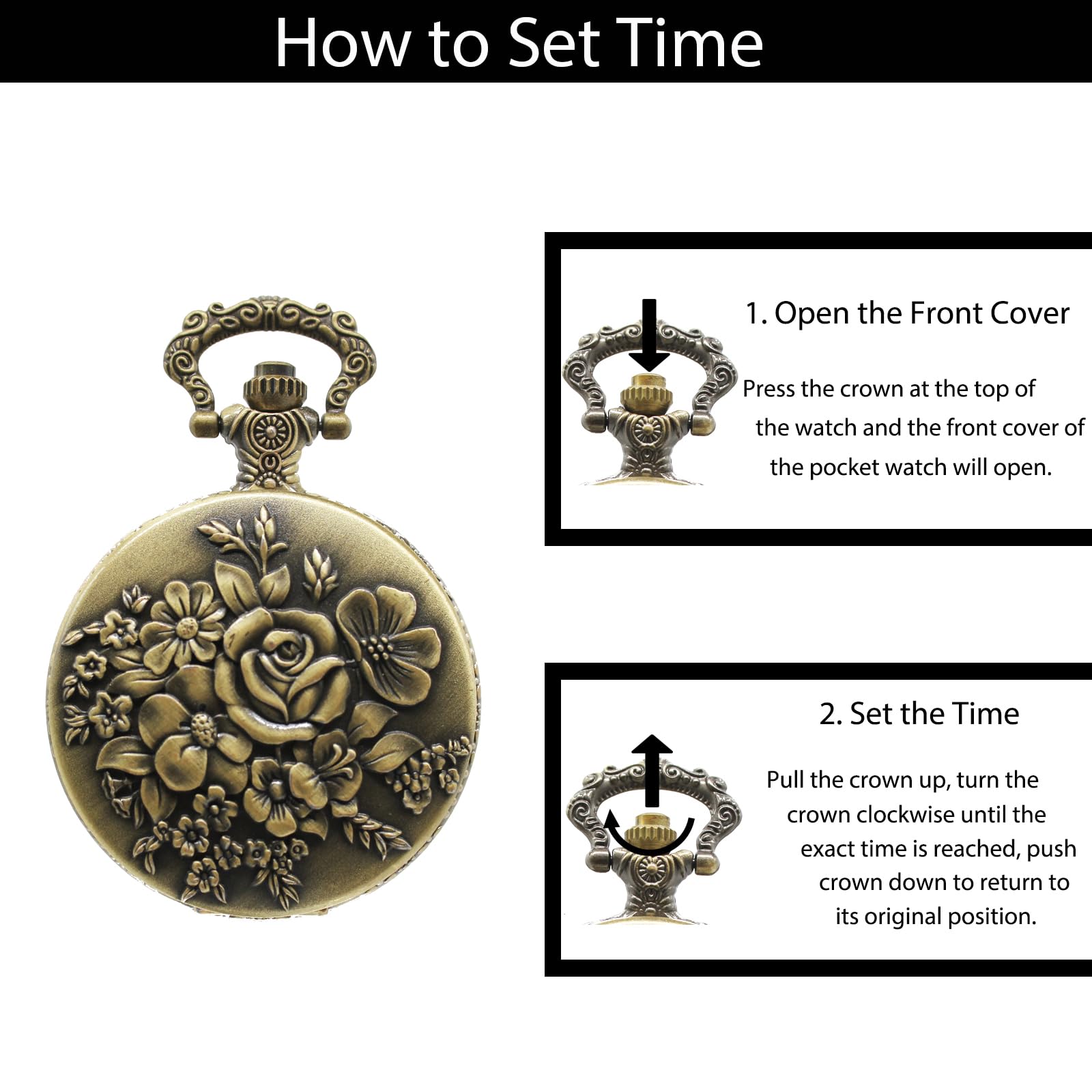 SIMAOTE Vintage Quartz Pocket Watch with Flower Pattern Cover and Chain for Women