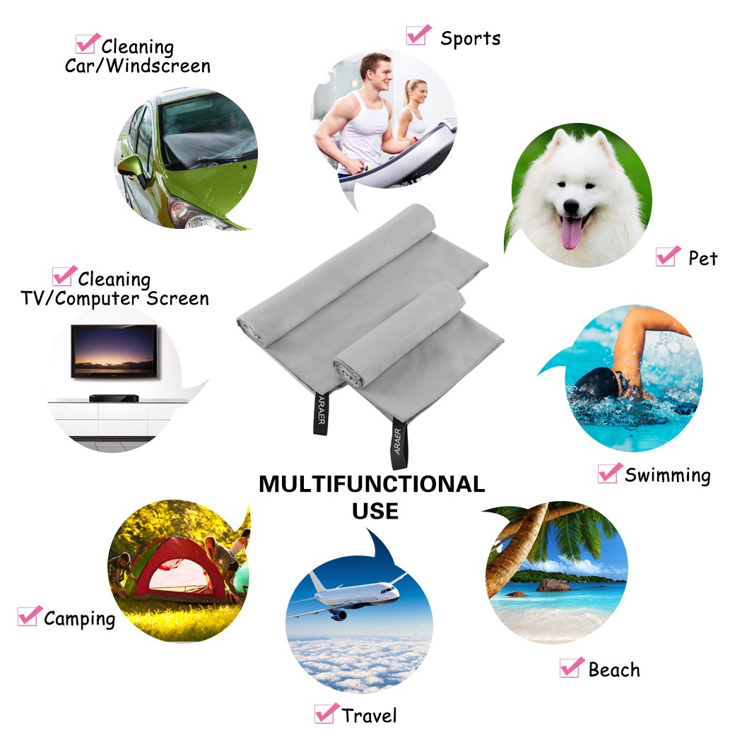 Serviette en Microfibre, ARAER Léger et Ultra Absorbant à Séchage Rapide Serviette de Toilette avec un Sac de Transport pour Voyage, Sports, Gym, Camping, Natation, Yoga, Pilates, Plage, Bain ou à la Maison – La Serviette de Voyage Idéale