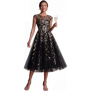 Ever-Pretty Women's Sequin Tulle Midi Cocktail Dresses Cap Sleeve A Line Semi Formal Wedding Guest Dress 02778
