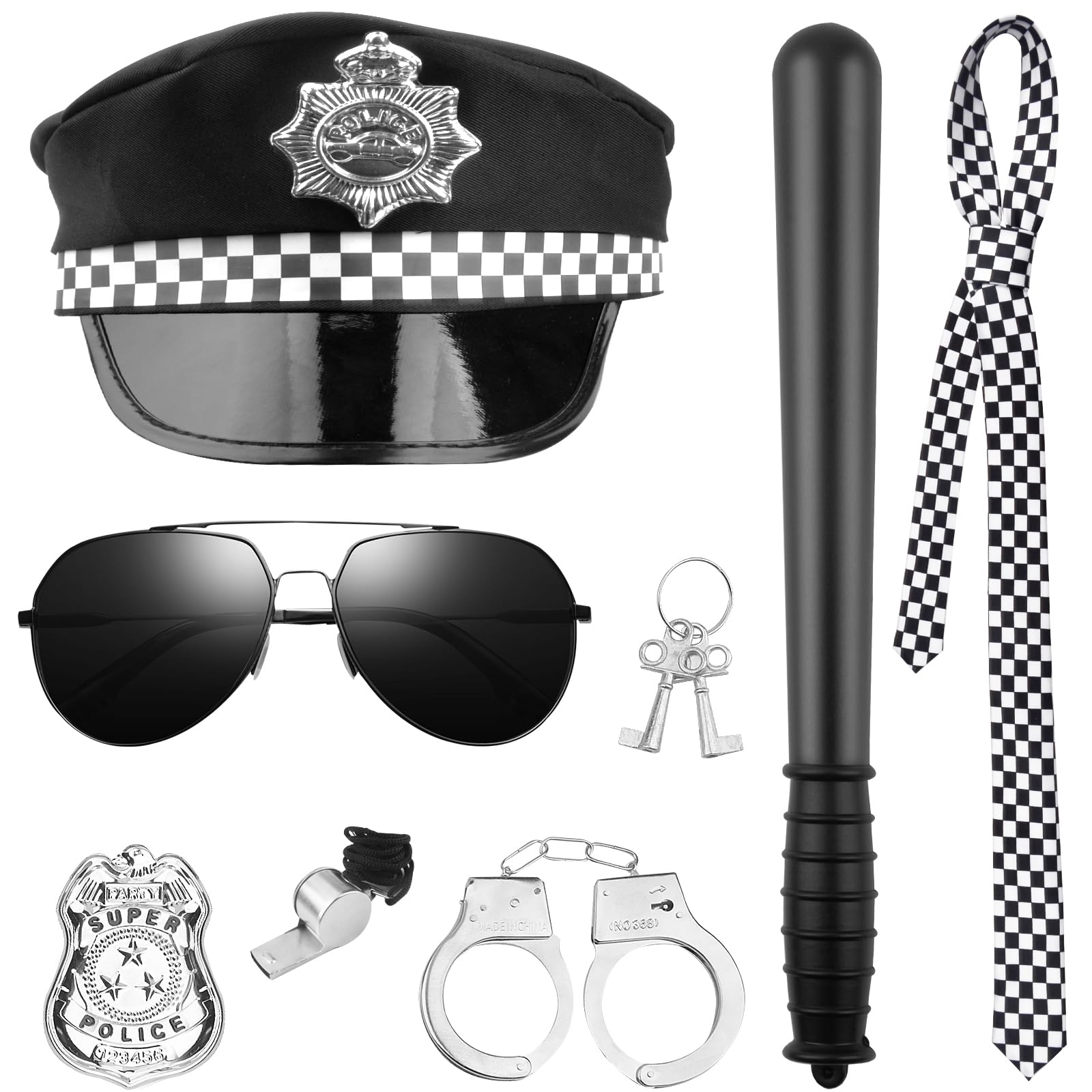 Pipihome Adult Police Costume Women, 8 Pcs Accessory Set with Police Hat, Handcuffs, Badge, Tie, Key, Baton, Whistle and Glasses, Fancy Dress for Adults