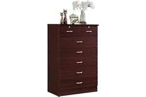 HODEDAH 7 Drawer Wood Dresser for Bedroom, 31.5 inch Wide Chest of Drawers, with 2 Locks on the Top Drawers, Storage Organization Unit for Clothing, Mahogany