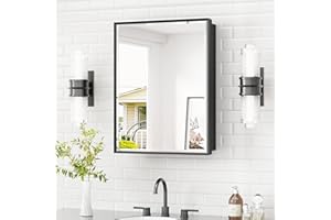 TETOTE Bathroom Medicine Cabinet with Mirror 20 x 26 Inch, Black Metal Framed Cabinet with Stepless Adjustable Shelves and St
