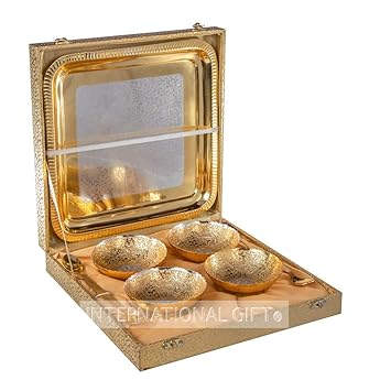 International Gift German Silver Brass Round Bowl Sets with Tray and Spoon with Royal Luxury Velvet Box Packing Used for Dry Fruit, Sweets and Home Decor