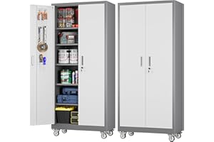 Aobabo Upgrade 71H''*32''W*16''D Metal Garage Storage Cabinet with Wheels and Pegboards, 5 Adjustable Shelves Steel Storage Cabinets for Home,Warehouse,Garage,Assembly Required,Grey and White