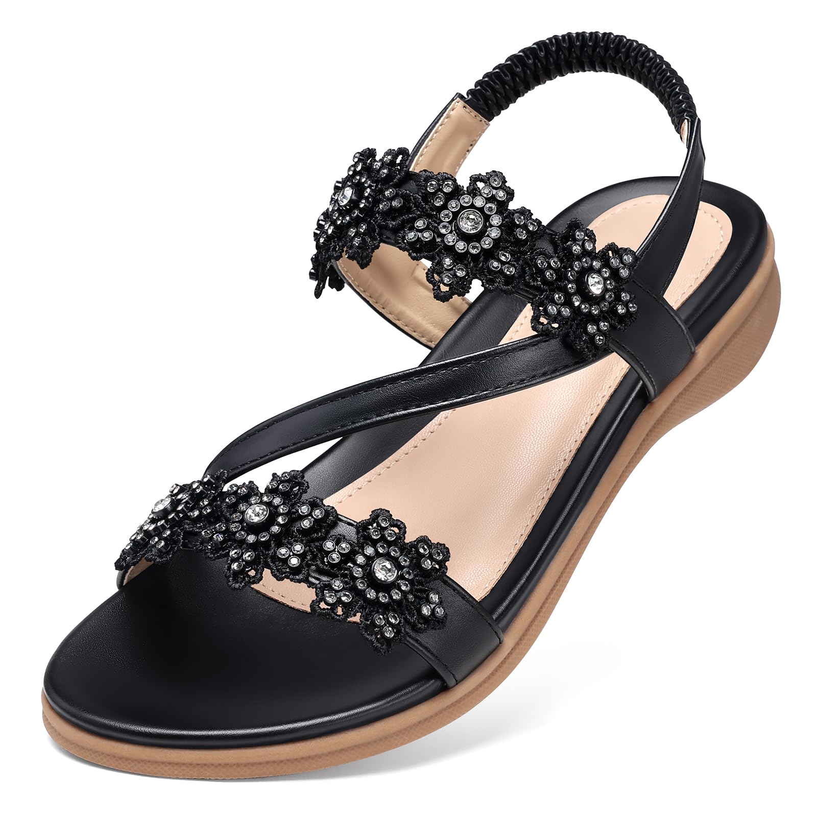 Photo 1 of TEMOFON Sandals for Women Flat Dressy Summer Open Toe Sandals Woman Comfortable Walking Casual Beach Shoes Black Size 9
