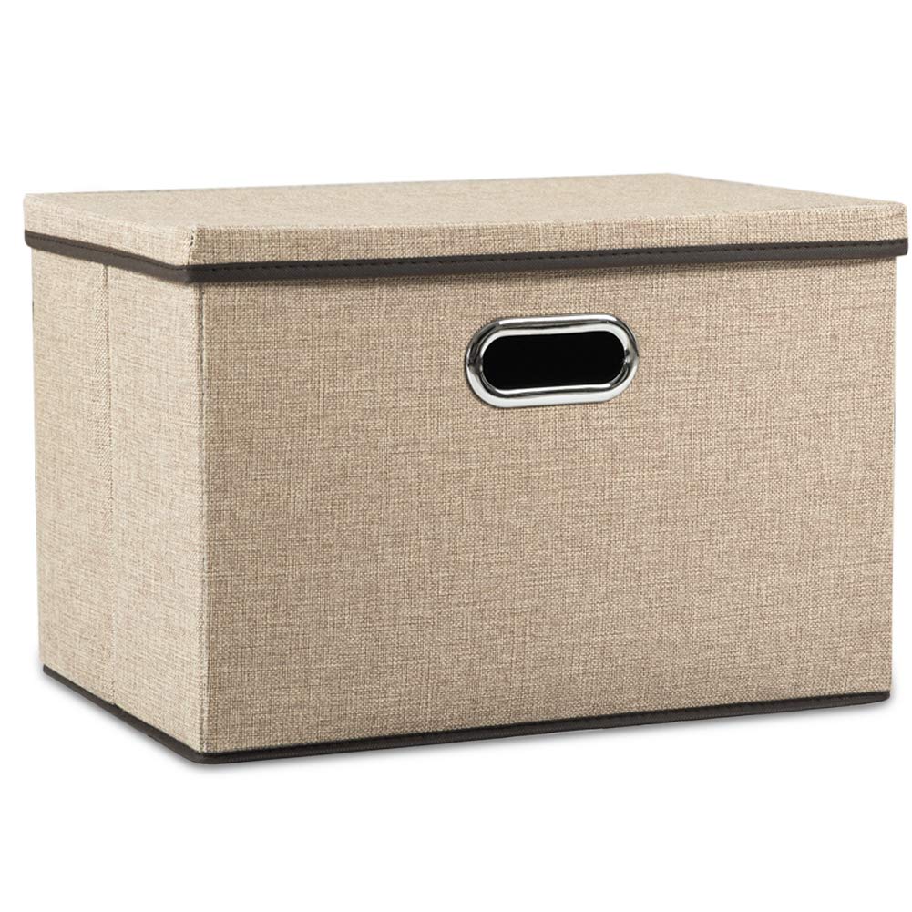 Storage Boxes with Lids Large,Collapsible Linen Fabric Storage Box,Decorative Bins,Really Useful Box,Clothing Storage,Stackable,45x30x30cm,Khaki[1-Pack]